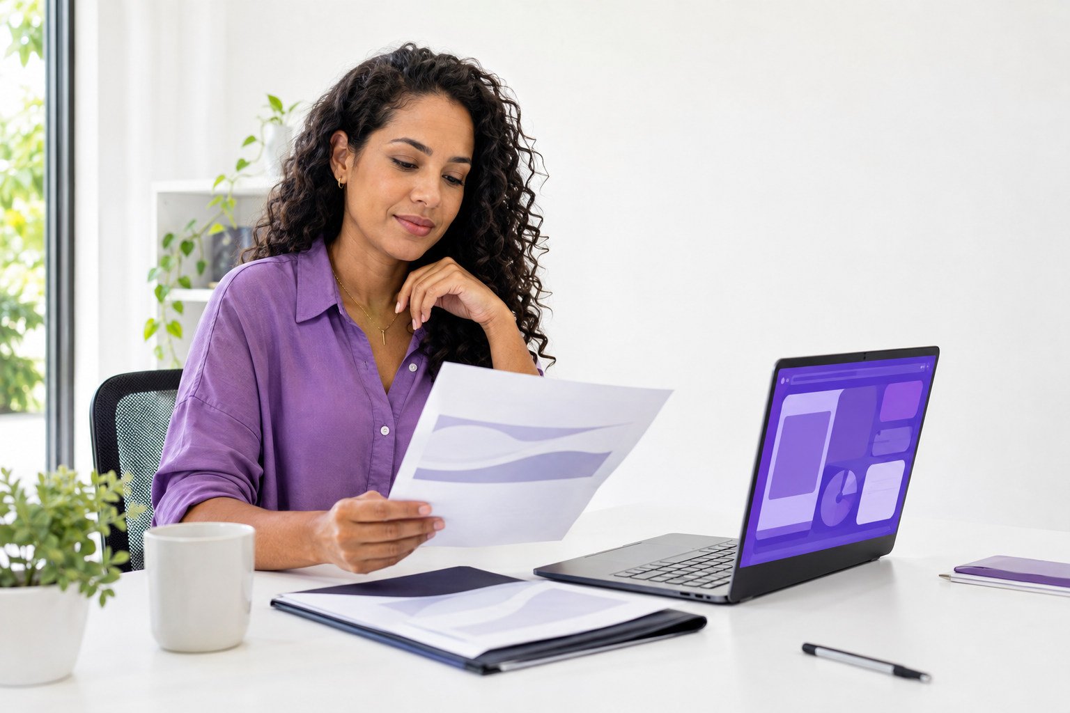 Dona de pequena empresa revisa uma proposta com apoio de IA gratuita