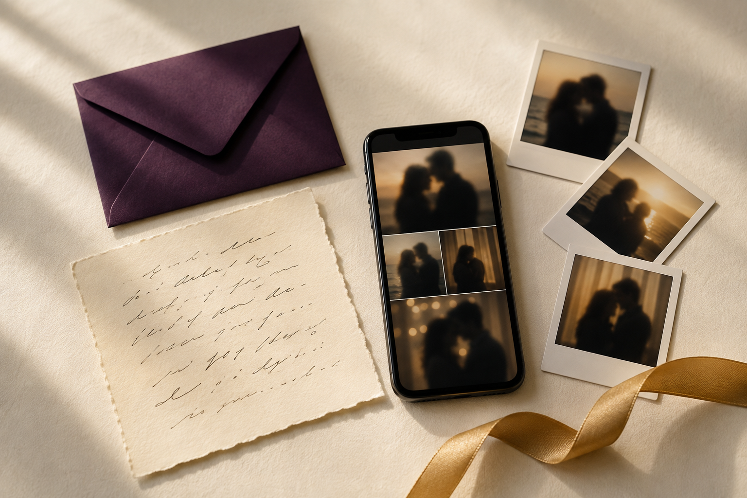 Mensagem de aniversário de namoro escrita à mão ao lado de celular com fotos, envelope ameixa e fita dourada.