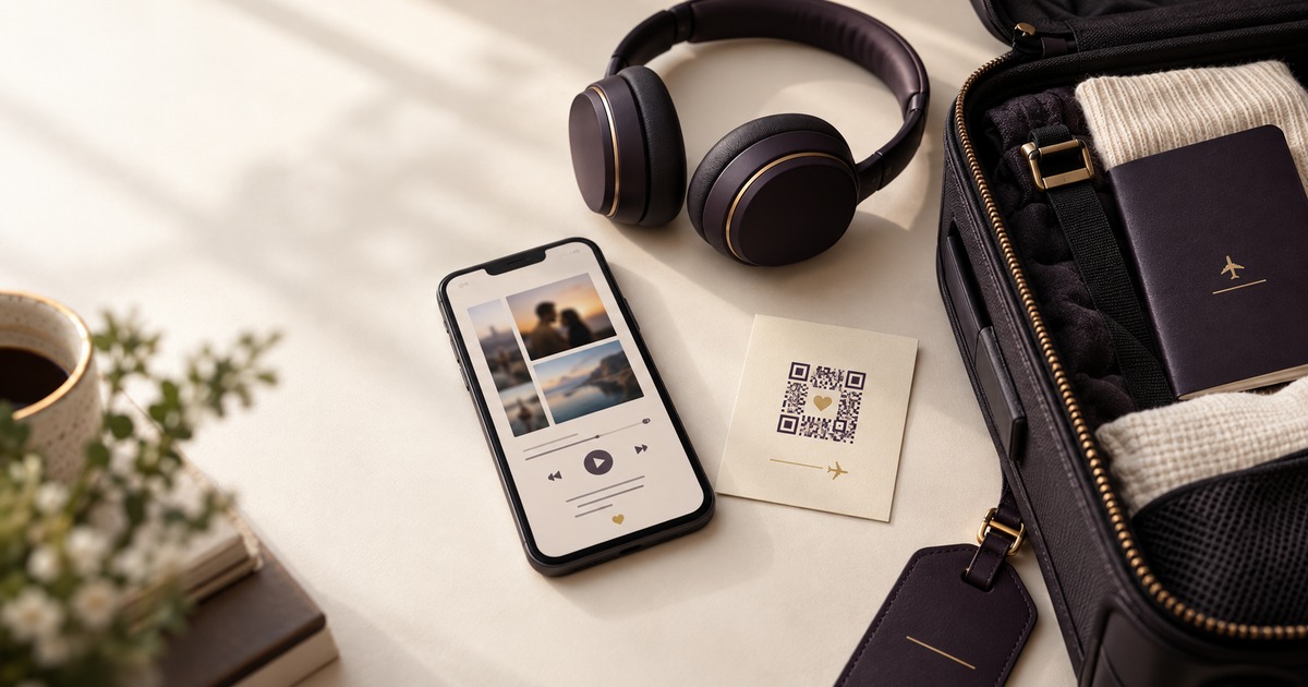 Mala aberta ao lado de fones, celular com fotos e música e cartão com QR code sobre uma mesa clara