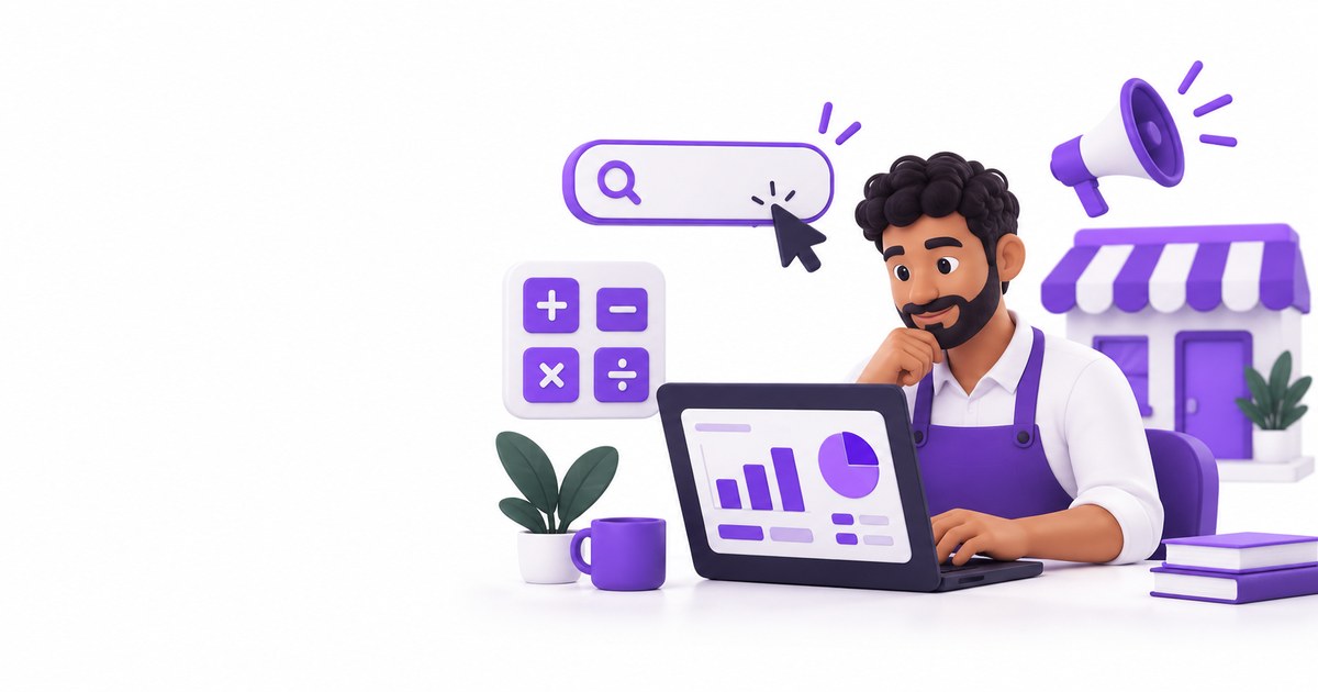Dono de pequeno negócio analisa gráficos de campanha no notebook, com ícones de busca, calculadora e loja ao fundo.